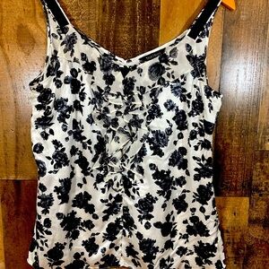 Black and White Floral Women's Strap Ruffled Silk Size Large Top